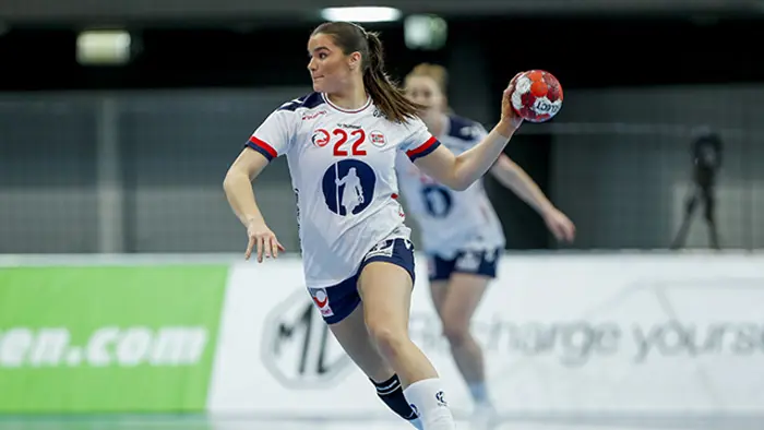 Innsbruck, Østerrike 20240303. 
Norges Kristina Sirum Novak under landskampen i håndball mellom Østerrike og Norge i Innsbruck.
Foto: Nikola Krstic / NTB