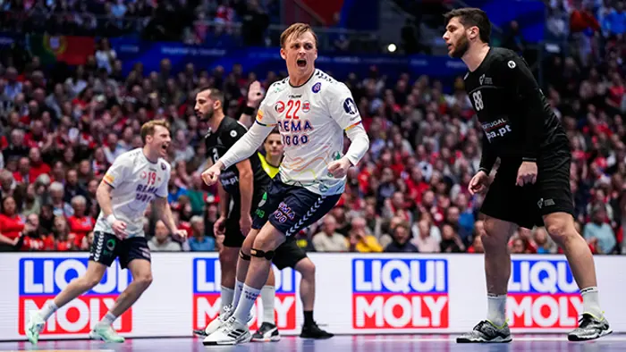 Fornebu 20250119. 
Norges Tobias Schjølberg Grøndahl under VM-kampen i håndball mellom Norge og Portugal i Unity Arena.
Foto: Beate Oma Dahle / NTB