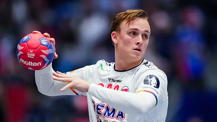Fornebu 20250115. 
Norges Tobias Schjølberg Grøndahl under VM-kampen i håndball mellom Norge og Brasil i Unity Arena.
Foto: Beate Oma Dahle / NTB