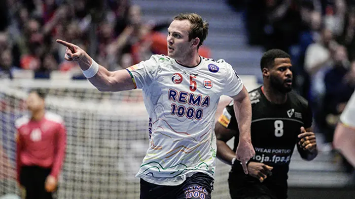 Fornebu 20250119. 
Norges Sander Sagosen under VM-kampen i håndball gruppe E mellom Norge og Portugal i Unity arena.
Foto: Stian Lysberg Solum / NTB