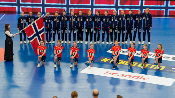 Halden 20240228. Norge under privatlandskampen i håndball mellom Norge og Østerrike i Halden arena. Bildet er tatt for Norges Håndballforbund.Foto: Beate Oma Dahle / NTB