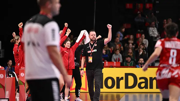Switzerland's coach Knut Ove Joa reacts during the women's EHF 2024 European championship handball game between Switzerland and Faroe Islands at the St Jakobshalle in Basel on November 29, 2024. (Photo by SEBASTIEN BOZON / AFP)