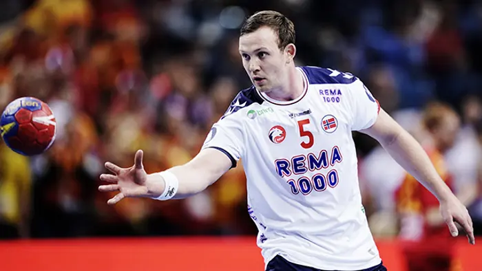 Norges Sander Sagosen i VM-kampen i håndball  for menn mellom Norge og Nord-Makedonia i Tauron arena.