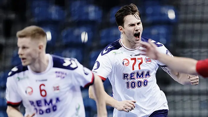 Norges Magnus Abelvik Rød jubler i VM-kampen i håndball  for menn mellom Norge og Nord-Makedonia i Tauron arena.
