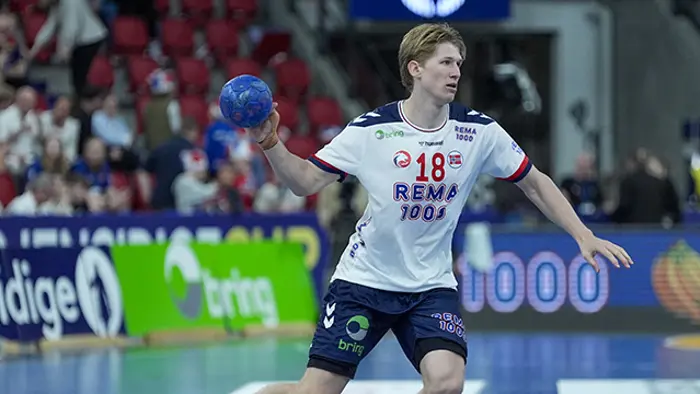 Oslo 20240512. 
William Otto Aar fra kampen mellom Norge og Argentina  i Gjensidige cup i håndball på Jordal Amfi i Oslo søndag .
Foto: Terje Pedersen / NTB