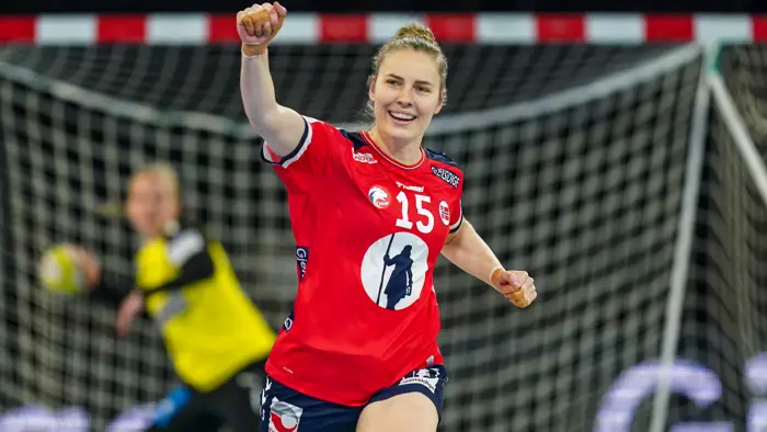 EINDHOVEN, NETHERLANDS - MARCH 2: Vilde Ingstad of Norway during the Golden League Women  match between Norway and Denmark at Indoor Sportcentrum Eindhoven on March 2, 2023 in Eindhoven, Netherlands (Photo by Henk Seppen/Orange Pictures)