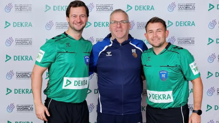 Jorgen JORSTAD (referee), Oyvind TOGSTAD (delegate) and Mads FREMSTAD (referee), DEKRA , IHF Womens World Championship 2025, Dusseldorf, Germany, 24.11.2025., Mandatory Credit © Jozo Cabraja / kolektiff